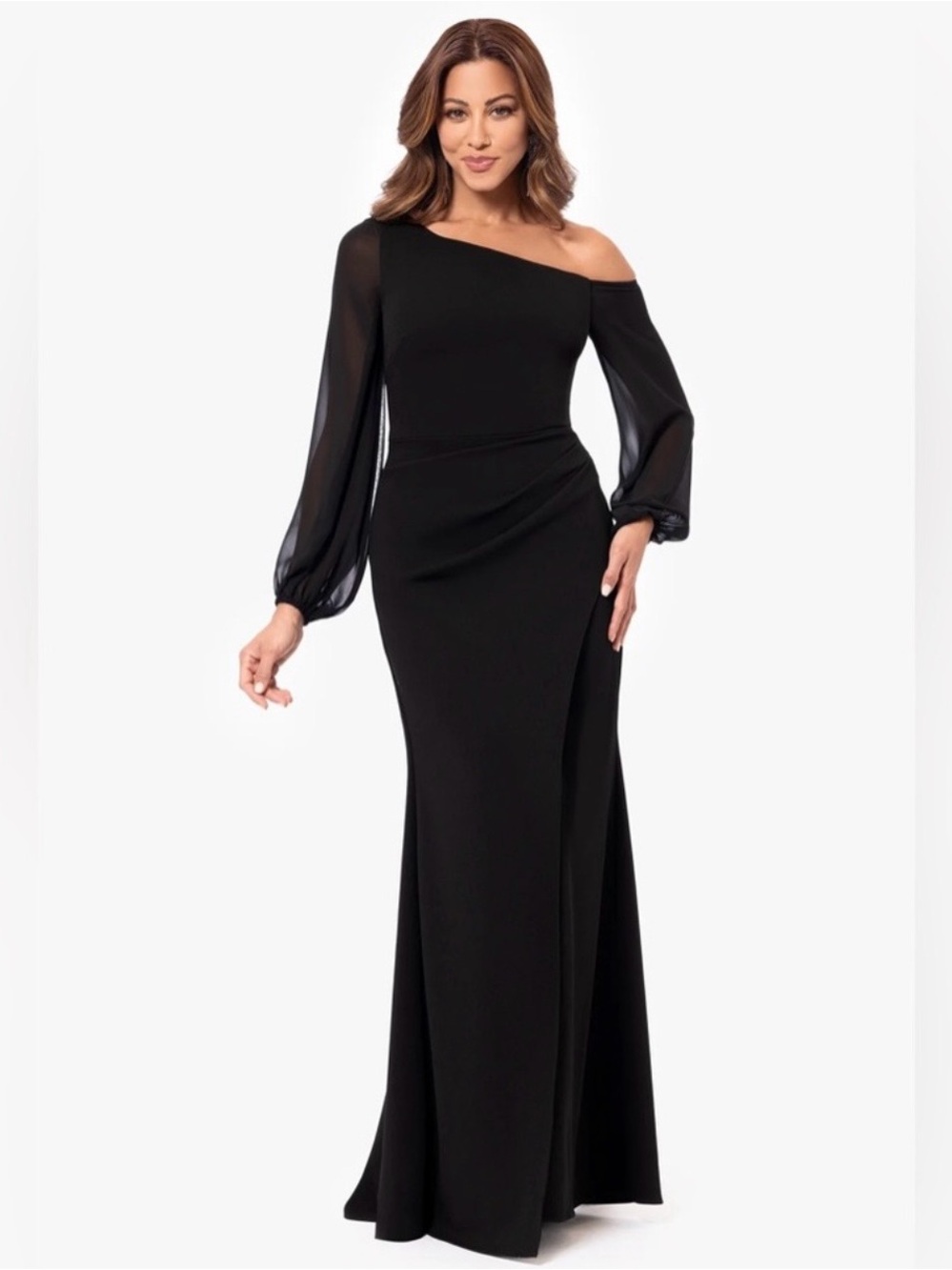 Betsy & Adam Black One-Shoulder Long Gown with Sheer Bishop Sleeve